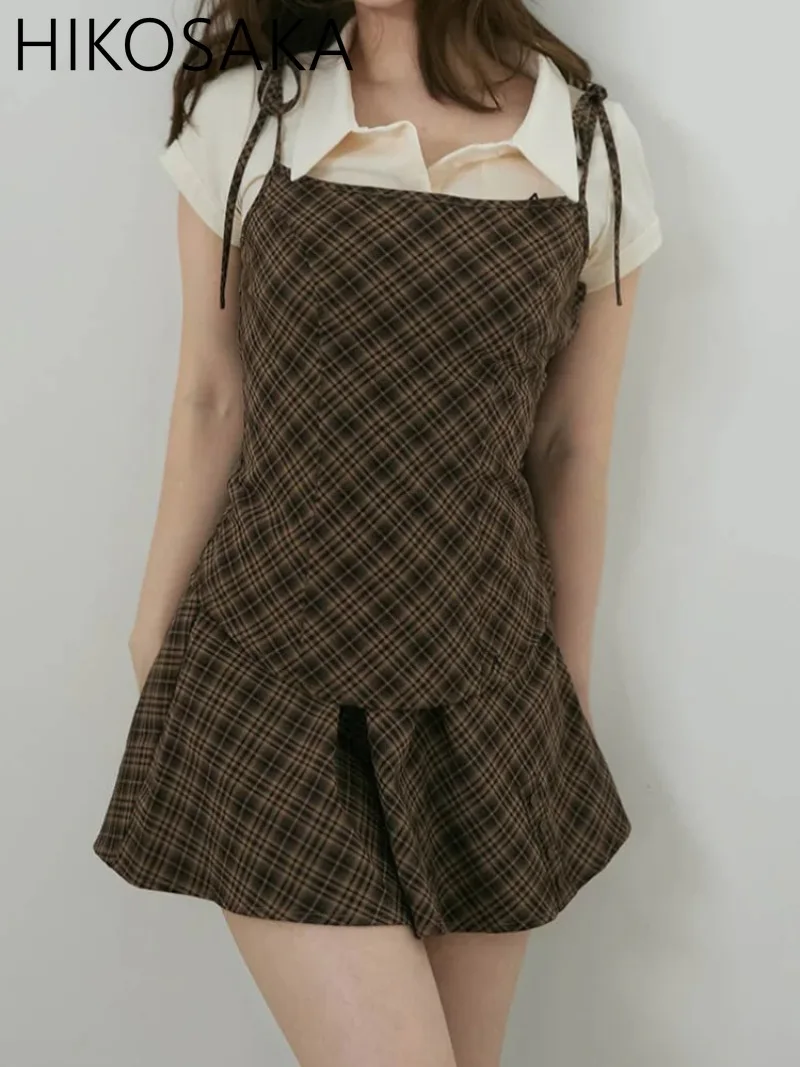 Casual Preepy Style Vintage Plaid Dress Sets Short Sleeve Lapel Tshirt Slim Fit Thin Straps Camis High Waist A-line Mini Skirt
Casual Preepy Style Vintage Plaid Dress Sets Short Sleeve Lapel Tshirt Slim Fit Thin Straps Camis High Waist A-line Mini Skirt