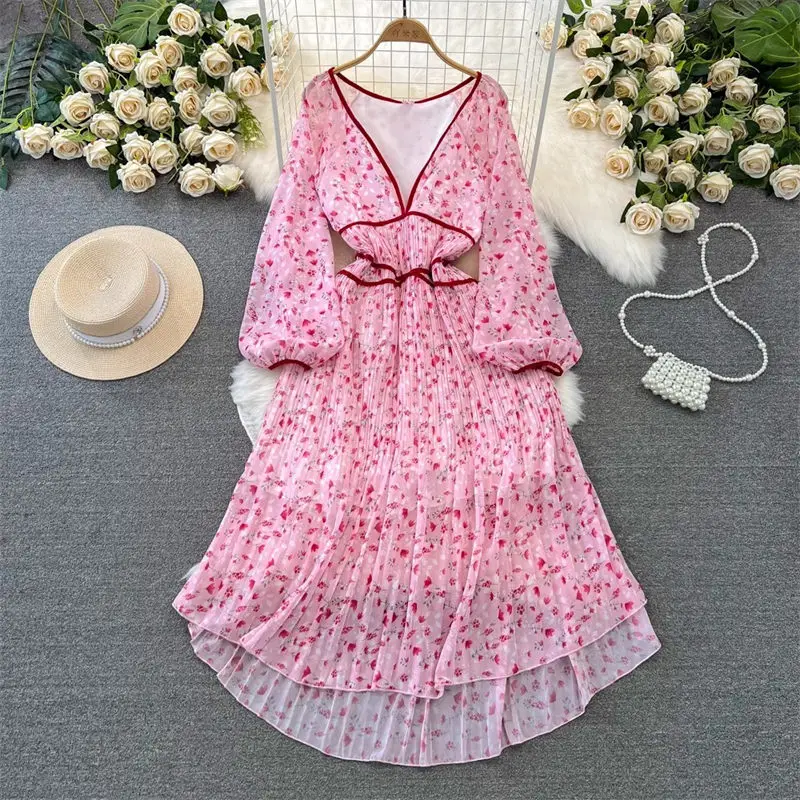 Spring Summer Dress Gentle Wind Lantern Long Sleeve V-Neck Waist Slimming Mid Length A-Line Pleated Chiffon Floral Dress Z4492
Spring Summer Dress Gentle Wind Lantern Long Sleeve V-Neck Waist Slimming Mid Length A-Line Pleated Chiffon Floral Dress Z4492
