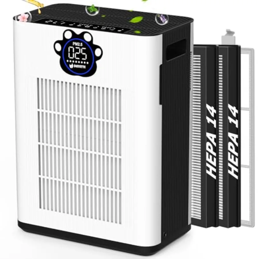 Home air purifier for large rooms up to 3400 ft, white H14 HEPA filter unit with double air inlet, PM2.5 TVOC sensors, pet mode
Home air purifier for large rooms up to 3400 ft, white H14 HEPA filter unit with double air inlet, PM2.5 TVOC sensors, pet mode