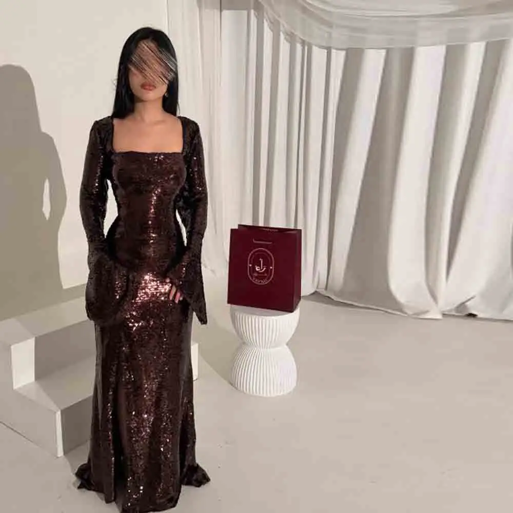 Customized Sequined Mermaid Evening Dress with Split Square Neck Belle Sleeve Wedding Guest Party Gown Brown Trumpet Prom Dress
Customized Sequined Mermaid Evening Dress with Split Square Neck Belle Sleeve Wedding Guest Party Gown Brown Trumpet Prom Dress