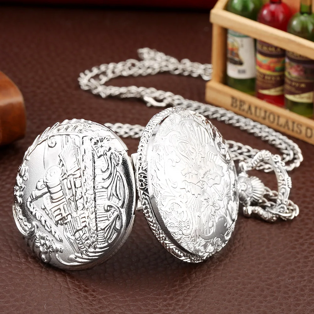 Vintage Silver Steam Train Embossed Pocket Watch with Chain Retro Flip Open Quartz Pendant Watch for Men Women Gift
Vintage Silver Steam Train Embossed Pocket Watch with Chain Retro Flip Open Quartz Pendant Watch for Men Women Gift