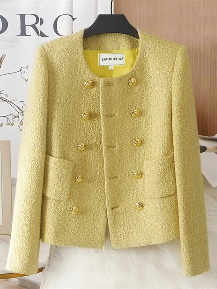 High Quality Autumn New Fashion Women Round Collar Elegant Yellow Tweed Jacket Double Breasted Vintage Female Coat Chaquetas
High Quality Autumn New Fashion Women Round Collar Elegant Yellow Tweed Jacket Double Breasted Vintage Female Coat Chaquetas
