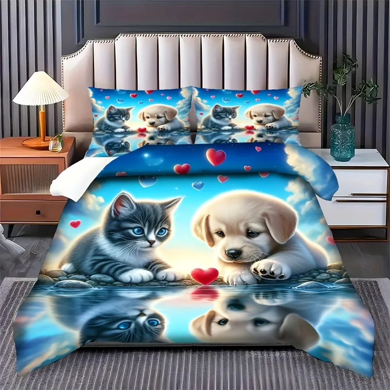 Warm and Cute Cat and Dog Romantic Couple Theme Pattern Bedding Set, Machine Washable, Including 1 Duvet Cover + 1/2pillowcases
Warm and Cute Cat and Dog Romantic Couple Theme Pattern Bedding Set, Machine Washable, Including 1 Duvet Cover + 1/2pillowcases