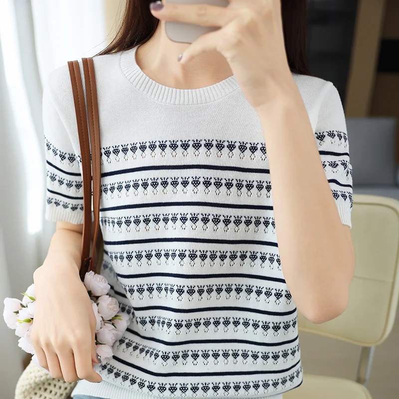 Summer New T-shirt Women's Casual Knitted 100% Cotton Sweater Short Sleeve Color blocked O-neck Pullover Loose Fashion Top
Summer New T-shirt Women's Casual Knitted 100% Cotton Sweater Short Sleeve Color blocked O-neck Pullover Loose Fashion Top