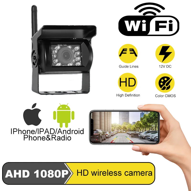 WiFi HD 1080P Wireless Backup Camera IP67 Waterproof IR Night Vision Rear View Monitor System For Trucks Trailers RVs Large Vehi