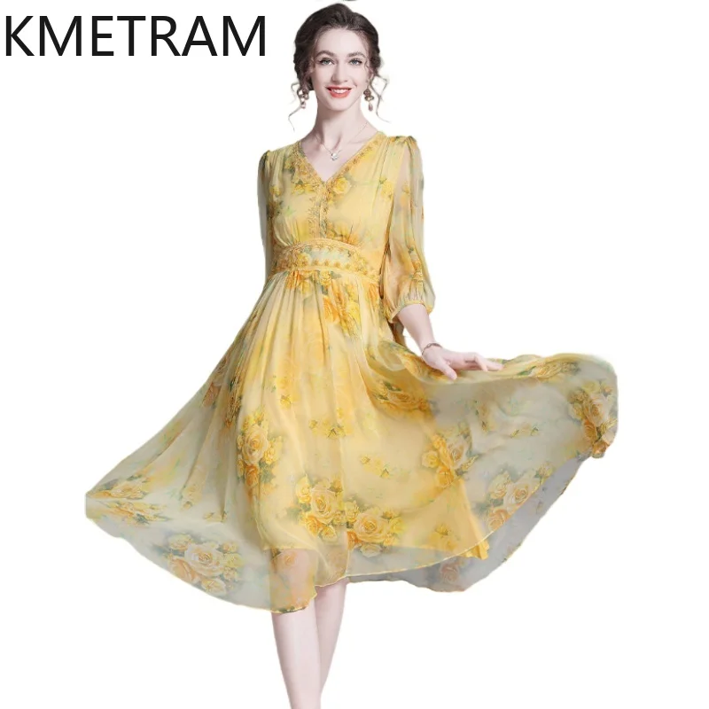 KMETRAM 100% Mulberry Silk Dress Yellow V-neck Long Dresses Women High Quality Summer Birthday Dress Woman Clothes 2026 Vestidos
KMETRAM 100% Mulberry Silk Dress Yellow V-neck Long Dresses Women High Quality Summer Birthday Dress Woman Clothes 2026 Vestidos
