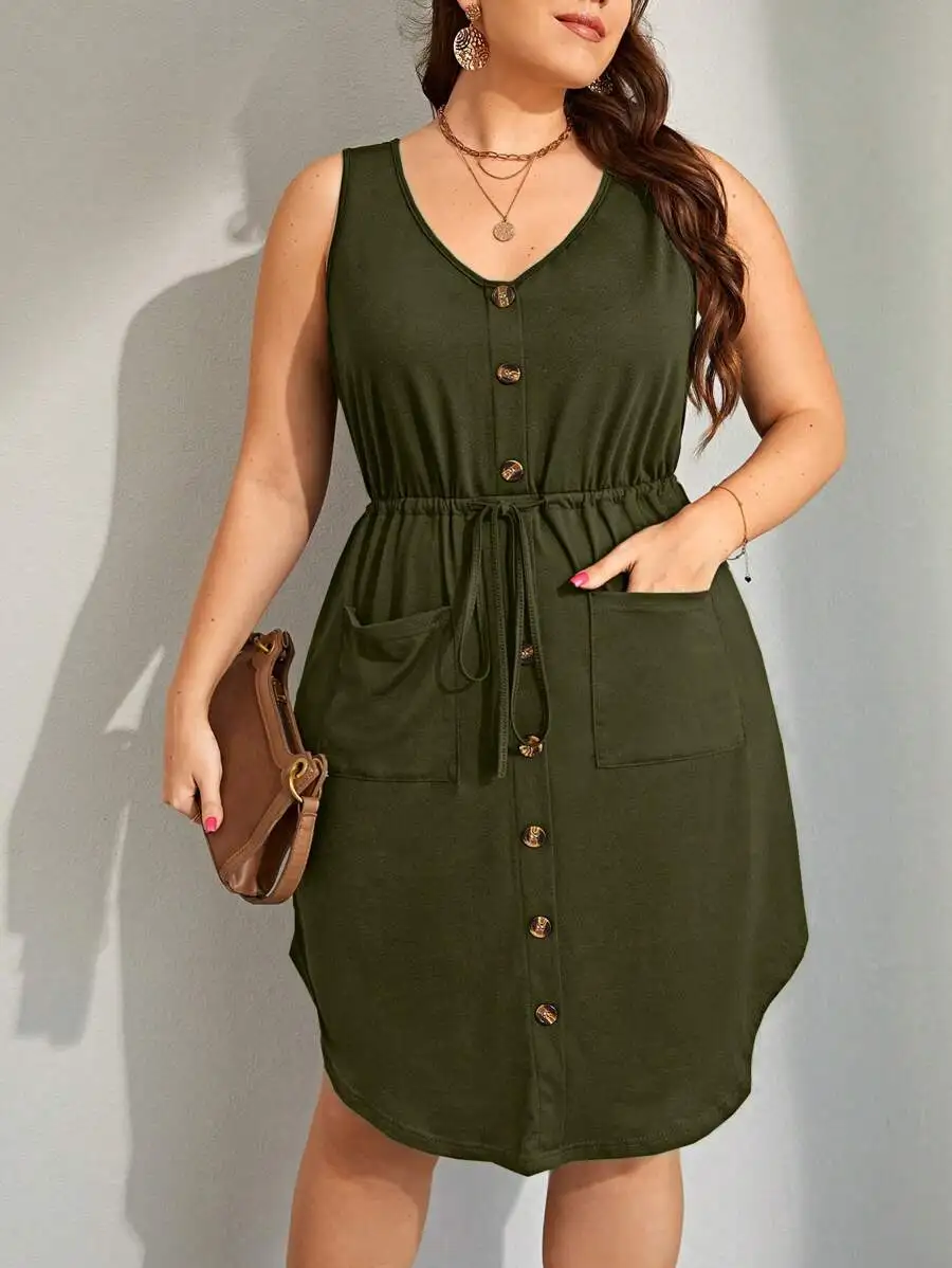 Olive Green Button Front Drawstring Waist Pocket Dress
Olive Green Button Front Drawstring Waist Pocket Dress