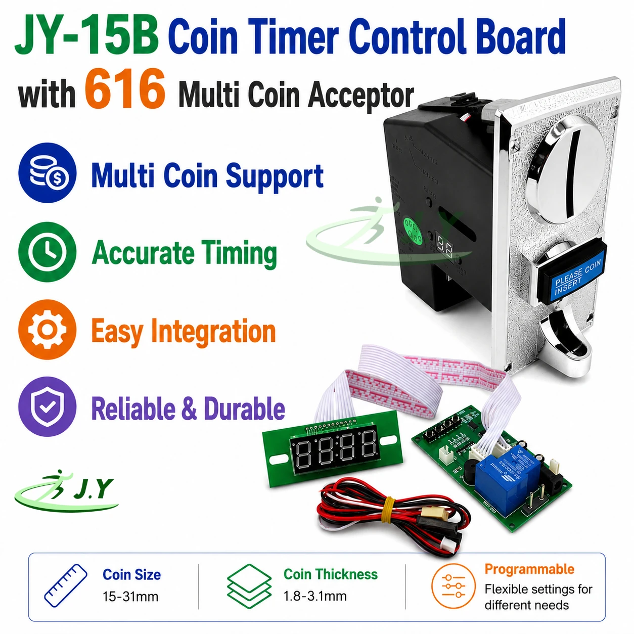 JY-15B Coin Timer Control Board with 616 Multi Coin Acceptor for Arcade Game & Washing & Vending & Massage Chair Machines
JY-15B Coin Timer Control Board with 616 Multi Coin Acceptor for Arcade Game & Washing & Vending & Massage Chair Machines