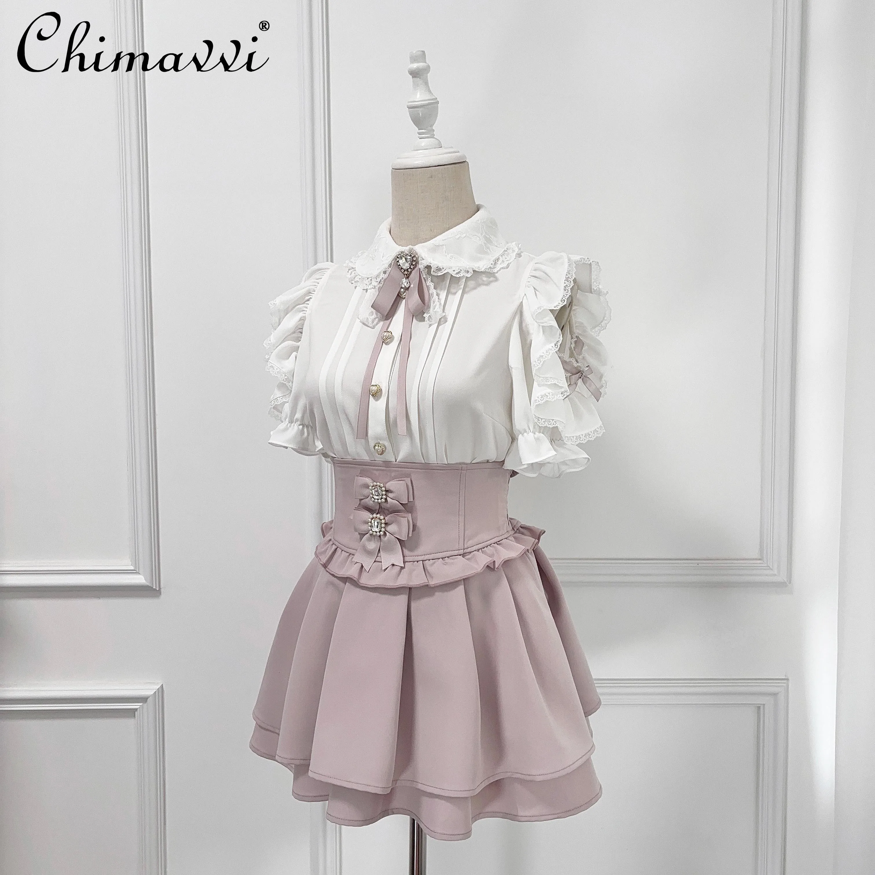 Japanese New 2025 Summer Sweet Girl Lace Bow Short-sleeved Blouse Rhinestone Buckle High Waist Short Skirt Lolita Skirt Set
Japanese New 2025 Summer Sweet Girl Lace Bow Short-sleeved Blouse Rhinestone Buckle High Waist Short Skirt Lolita Skirt Set