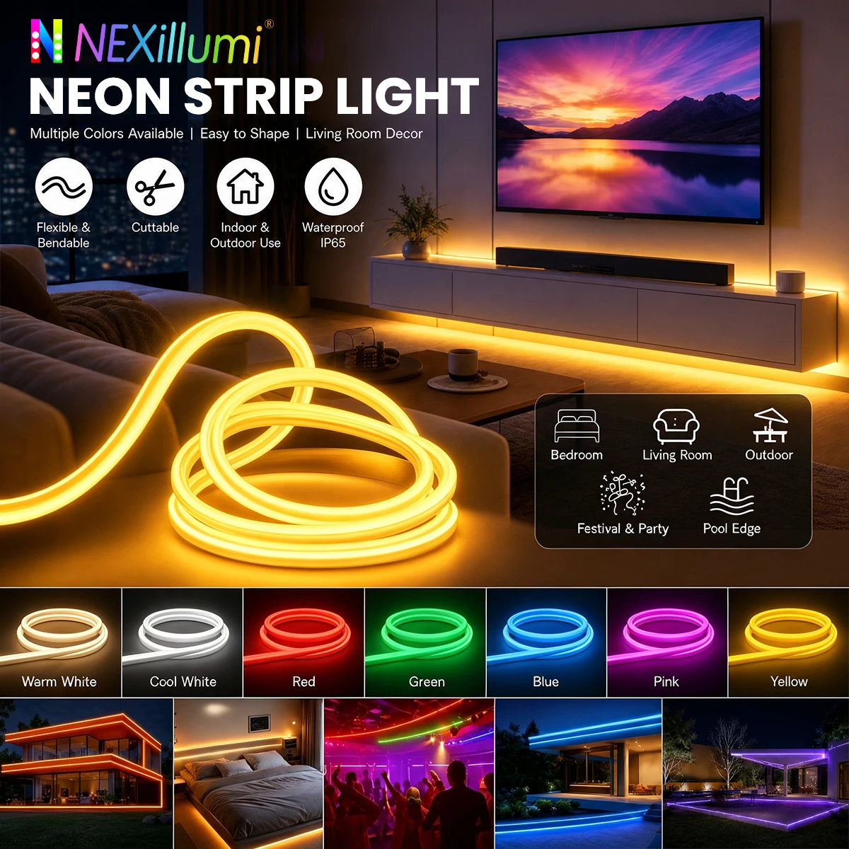 Nexillum Led Neon Strip Light Outdoor,Waterproof Cuttable Flexible DIY Sign Rope Lamp for Shop Bedroom Party
Nexillum Led Neon Strip Light Outdoor,Waterproof Cuttable Flexible DIY Sign Rope Lamp for Shop Bedroom Party