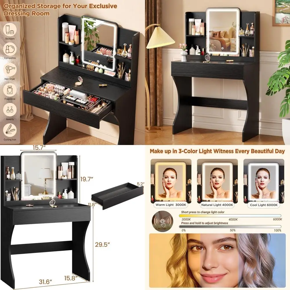 Compact Makeup Vanity Desk with Mirror, Lights, Storage, 2 Shelves, and 3 Drawers in Black
Compact Makeup Vanity Desk with Mirror, Lights, Storage, 2 Shelves, and 3 Drawers in Black