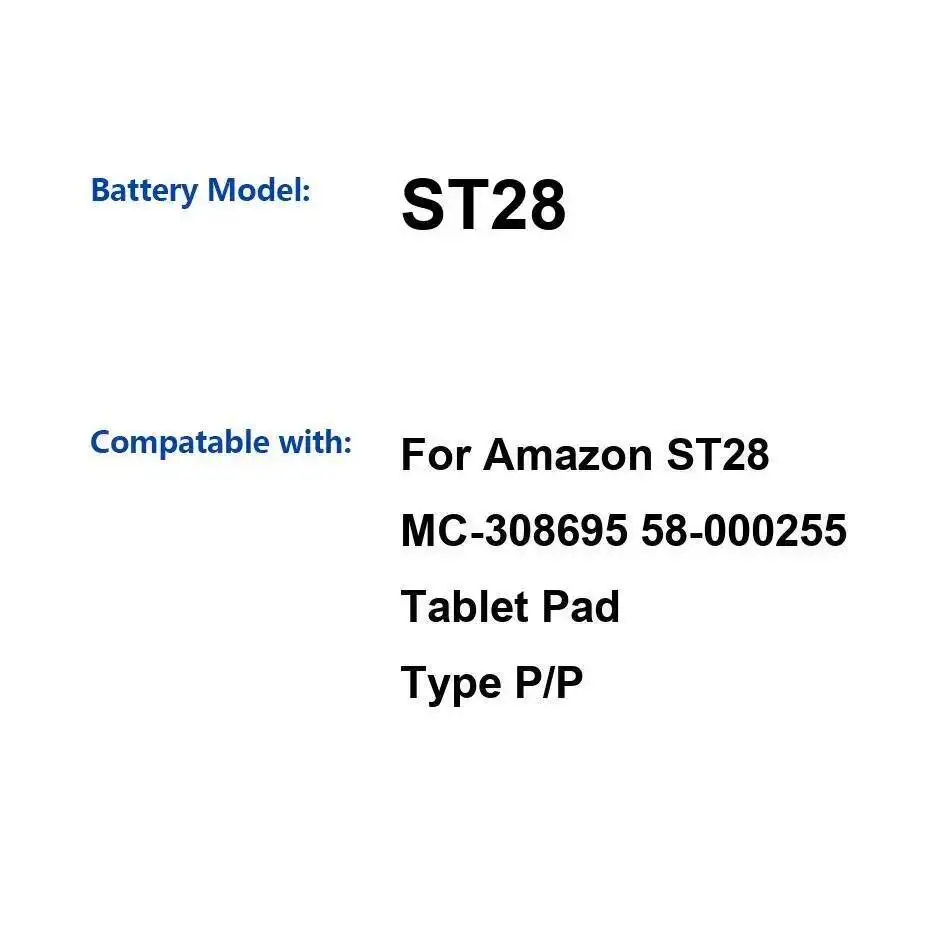 Для Amazon ST28 MC-308695 58-000255 планшетная панель типа P аккумулятор большой емкости 3200 мАч замена премиум-класса
Для Amazon ST28 MC-308695 58-000255 планшетная панель типа P аккумулятор большой емкости 3200 мАч замена премиум-класса