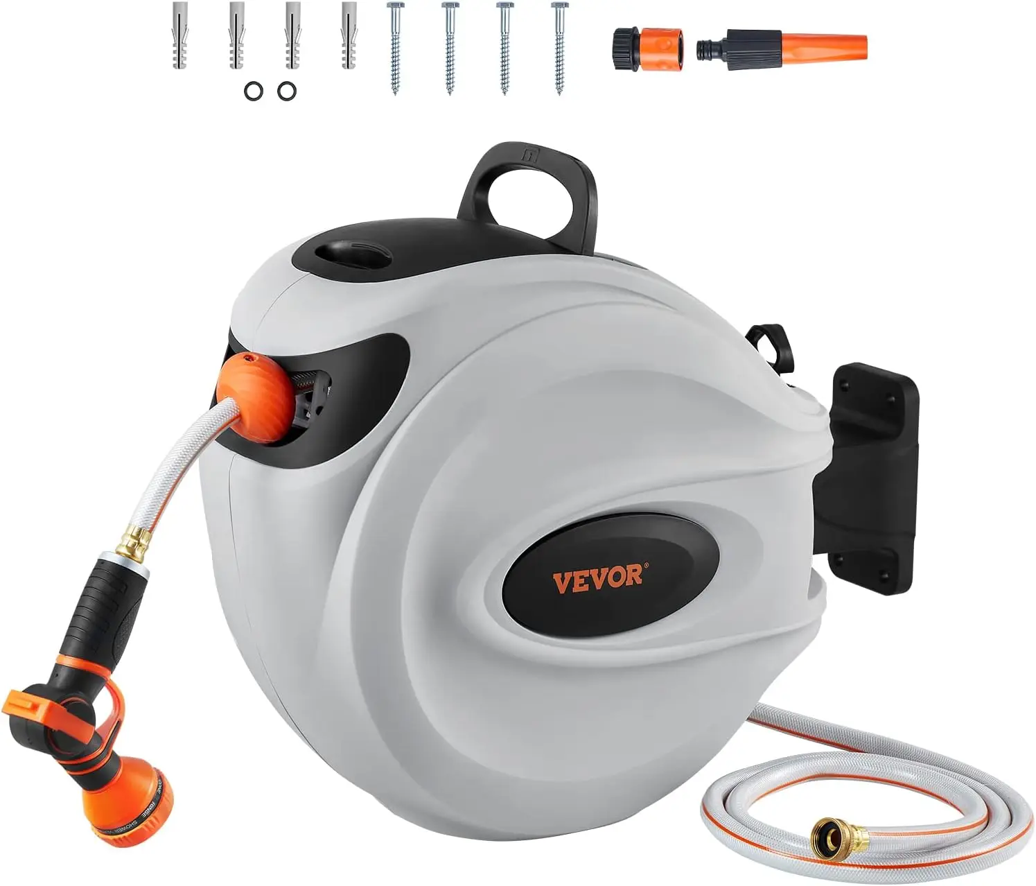 Retractable Hose Reel, 65 ft x 5/8 inch, 180° Swivel Bracket Wall-Mounted, Garden Water Hose Reel with 9-Pattern Nozzle
Retractable Hose Reel, 65 ft x 5/8 inch, 180° Swivel Bracket Wall-Mounted, Garden Water Hose Reel with 9-Pattern Nozzle