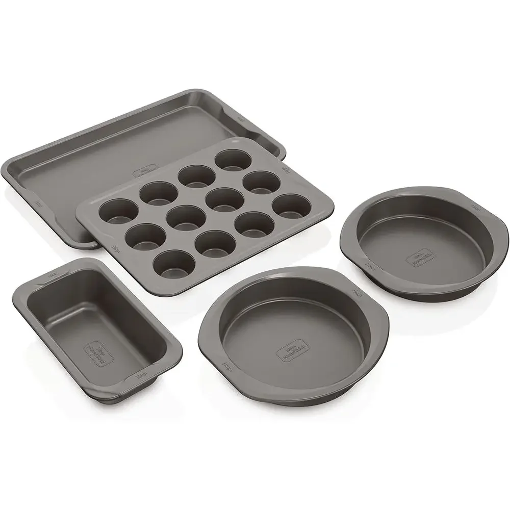 5-Piece Bakeware Set, Oven Safe to 500°F, 11x17 Baking Sheet, 5x9 Loaf Pan, 12-Cup Muffin Pan, 2-9 Round Cake Pans, Grey
5-Piece Bakeware Set, Oven Safe to 500°F, 11x17 Baking Sheet, 5x9 Loaf Pan, 12-Cup Muffin Pan, 2-9 Round Cake Pans, Grey