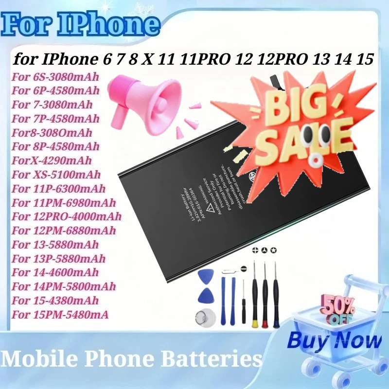 High-Capacity Mobile Phone Battery for IPhone 6 7 8 X 11 11PRO 12 12PRO 13 14 15 Replacement Lithium Polymer Bateria with Tools
High-Capacity Mobile Phone Battery for IPhone 6 7 8 X 11 11PRO 12 12PRO 13 14 15 Replacement Lithium Polymer Bateria with Tools