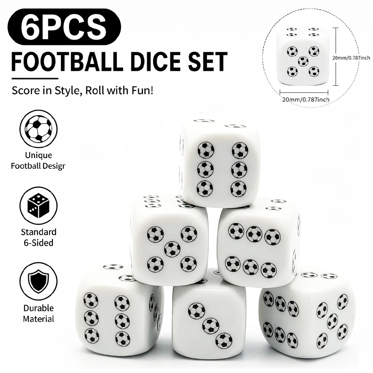 6Pcs 20mm D6 Cube Football Dice, Puzzle Tabletop Game Dice, Soccer Fan Gear, Football Game Night Accessories
6Pcs 20mm D6 Cube Football Dice, Puzzle Tabletop Game Dice, Soccer Fan Gear, Football Game Night Accessories