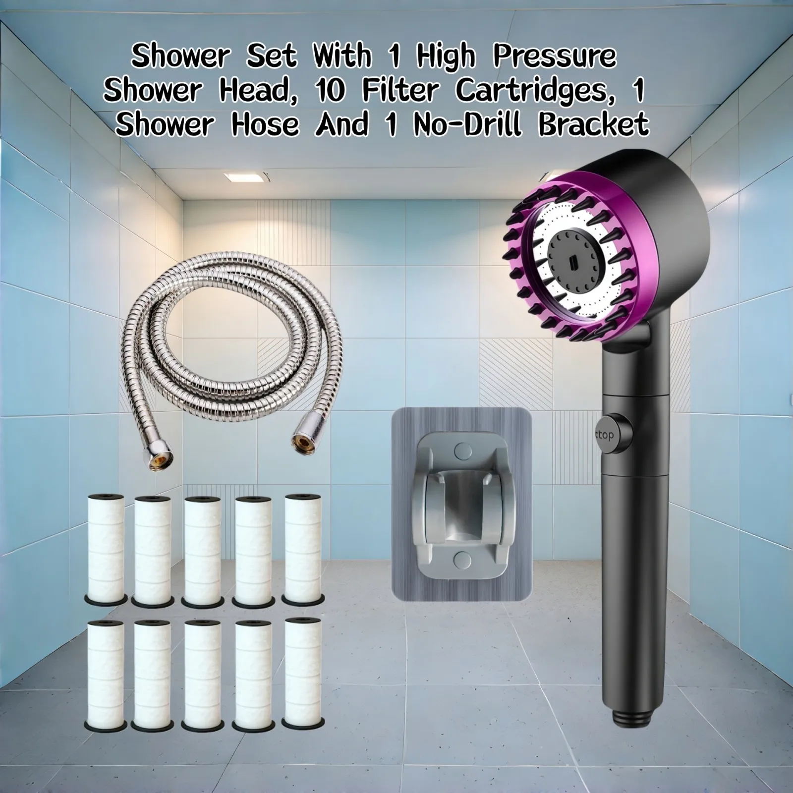 13PCS Black Purple High Pressure Water Saving Shower Head Set 3 Modes Adjustable with 10 Filter Shower Hose No Drill Bracket
13PCS Black Purple High Pressure Water Saving Shower Head Set 3 Modes Adjustable with 10 Filter Shower Hose No Drill Bracket