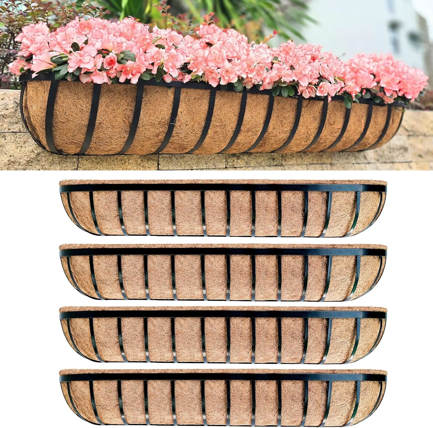 48 inch Wall Hanging Planters 4 Pack with Coco Liners, Black Metal Rectangular Window Flower Box for Outdoor Plants Attach to
48 inch Wall Hanging Planters 4 Pack with Coco Liners, Black Metal Rectangular Window Flower Box for Outdoor Plants Attach to
