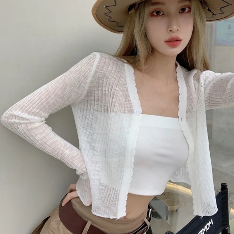 Summer Thin Sunscreen Women Cardigan Fashion V Neck Single Button Female Crop Tops Sexy Hollow Out Long Sleeve Blouse
Summer Thin Sunscreen Women Cardigan Fashion V Neck Single Button Female Crop Tops Sexy Hollow Out Long Sleeve Blouse