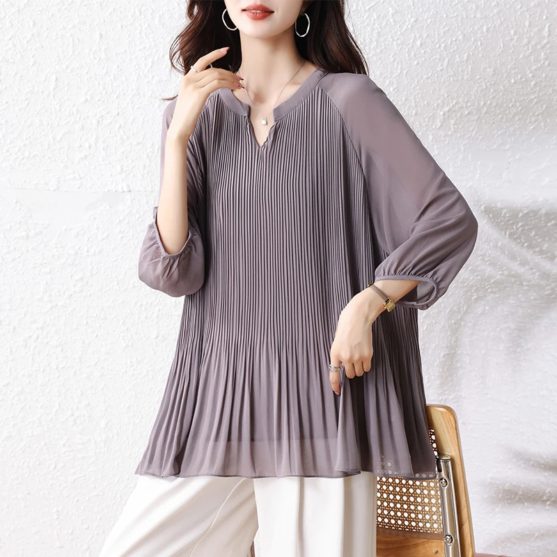 Women Elegant Summer Pleated Chiffon Shirts V Neck 3/4 Sleeve Loose Blouse Fashion Casual Tops Female Party Blusas Mujer
Women Elegant Summer Pleated Chiffon Shirts V Neck 3/4 Sleeve Loose Blouse Fashion Casual Tops Female Party Blusas Mujer