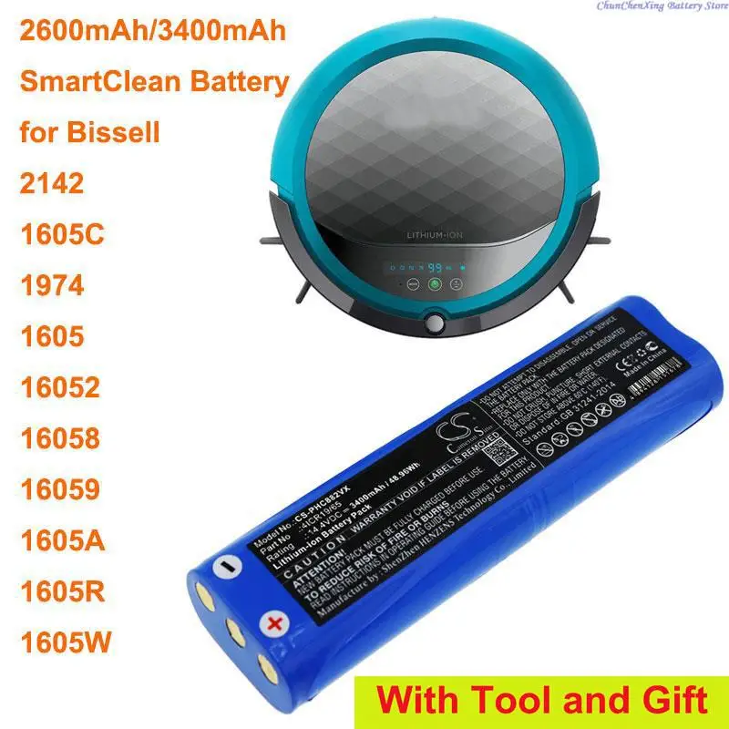 Cameron Sino 2600mAh/3400mAh SmartClean Battery 4ICR19/65 for Bissell 1605,16052,16058,16059,1605A,1605C,1605R,1605W, 2142, 1974
Cameron Sino 2600mAh/3400mAh SmartClean Battery 4ICR19/65 for Bissell 1605,16052,16058,16059,1605A,1605C,1605R,1605W, 2142, 1974