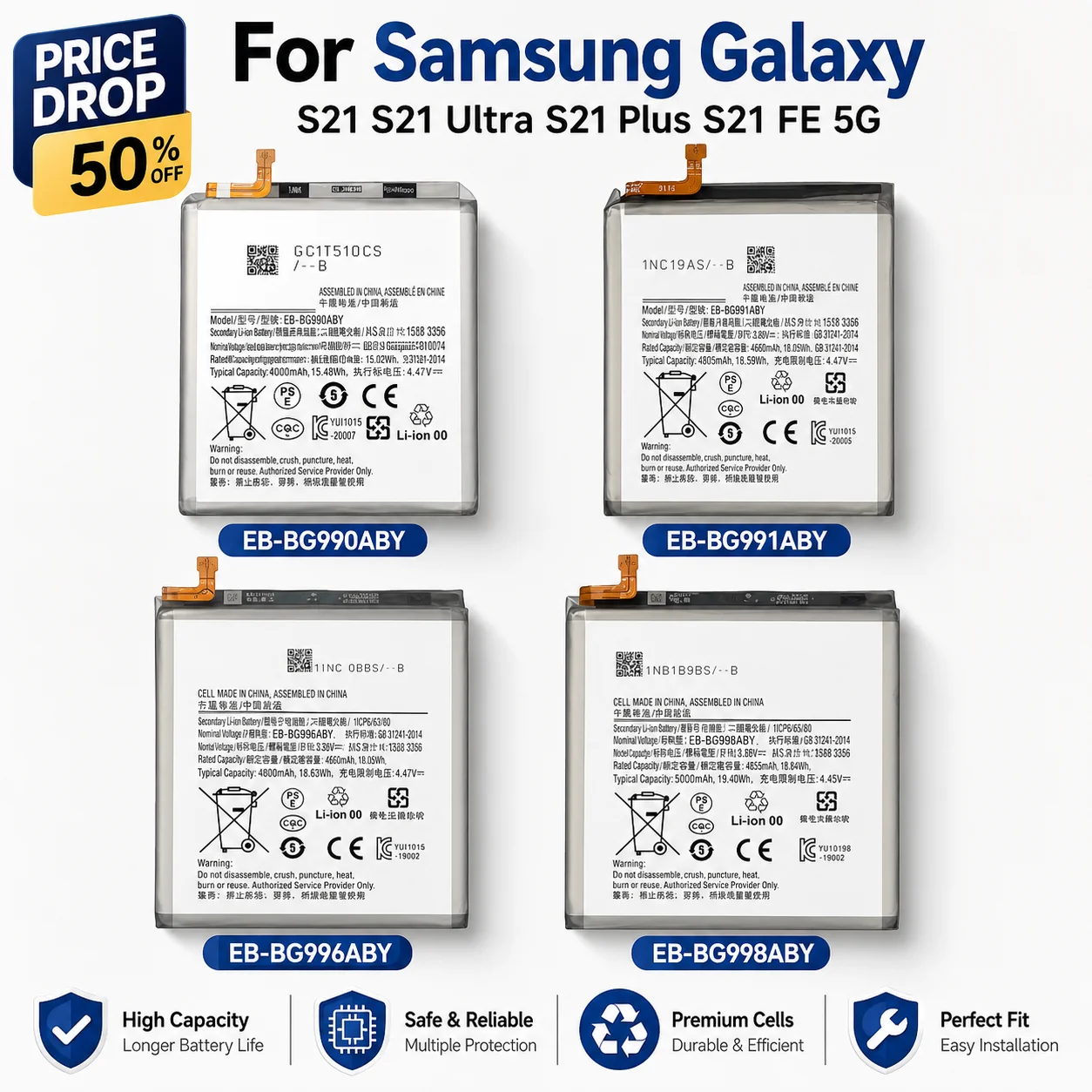 EB-BG990ABY EB-BG998ABY EB-BG996ABY EB-BG991ABY Battery for Samsung S21 Ultra S21+ S21 FE 5G with Tools
EB-BG990ABY EB-BG998ABY EB-BG996ABY EB-BG991ABY Battery for Samsung S21 Ultra S21+ S21 FE 5G with Tools