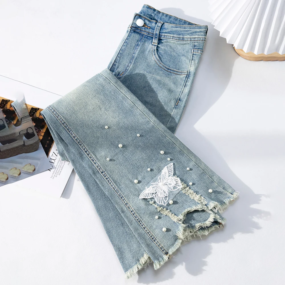 Chic Peal Beading Flared Jeans Women Trendy High Waist Slim Ankle-Length Denim Pants Irregular Tassels Butterfly Lace Blue Jeans
Chic Peal Beading Flared Jeans Women Trendy High Waist Slim Ankle-Length Denim Pants Irregular Tassels Butterfly Lace Blue Jeans