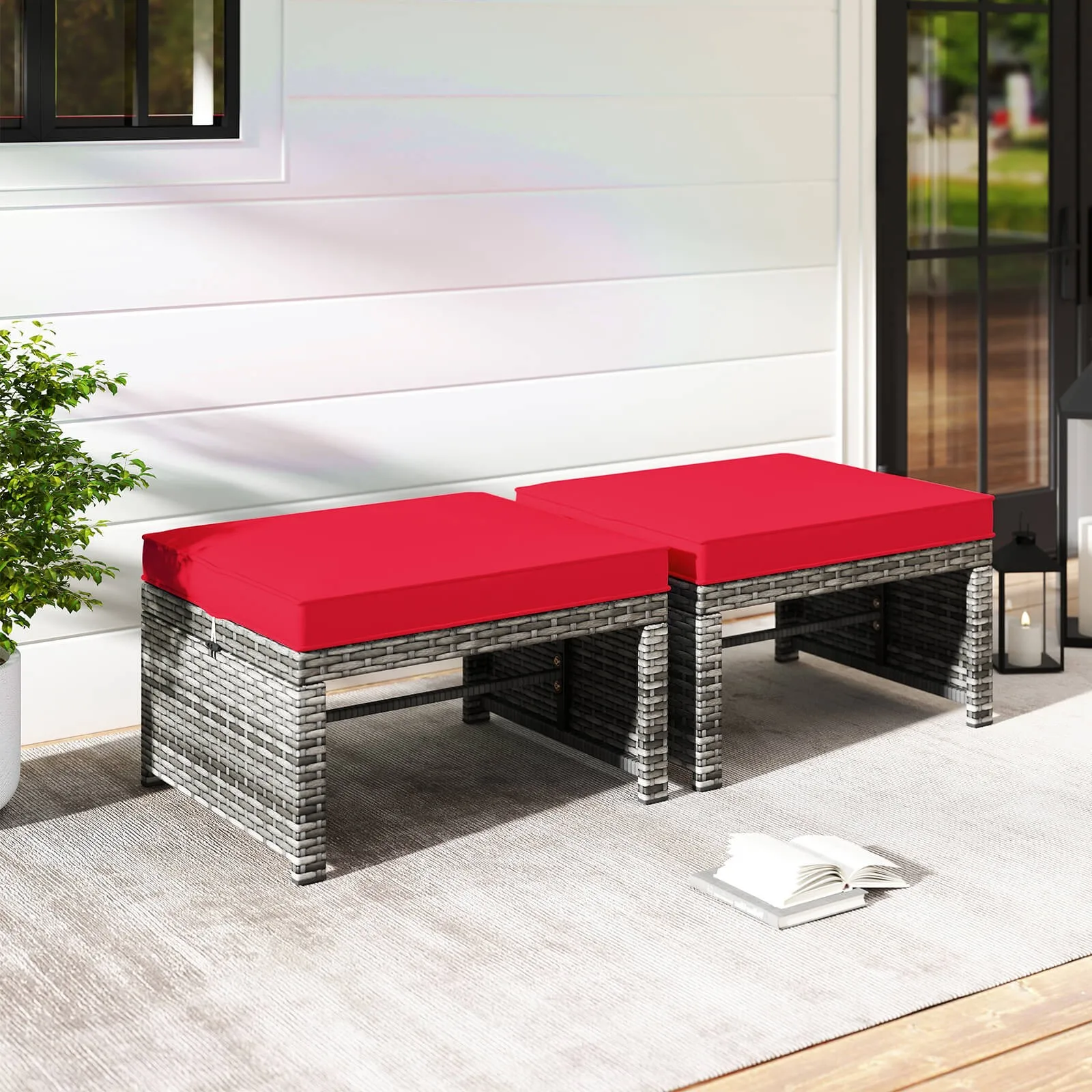 Patio Ottomans Set of 2 PE Rattan Footstools w/ Removable Cushions & Metal Frame
Patio Ottomans Set of 2 PE Rattan Footstools w/ Removable Cushions & Metal Frame