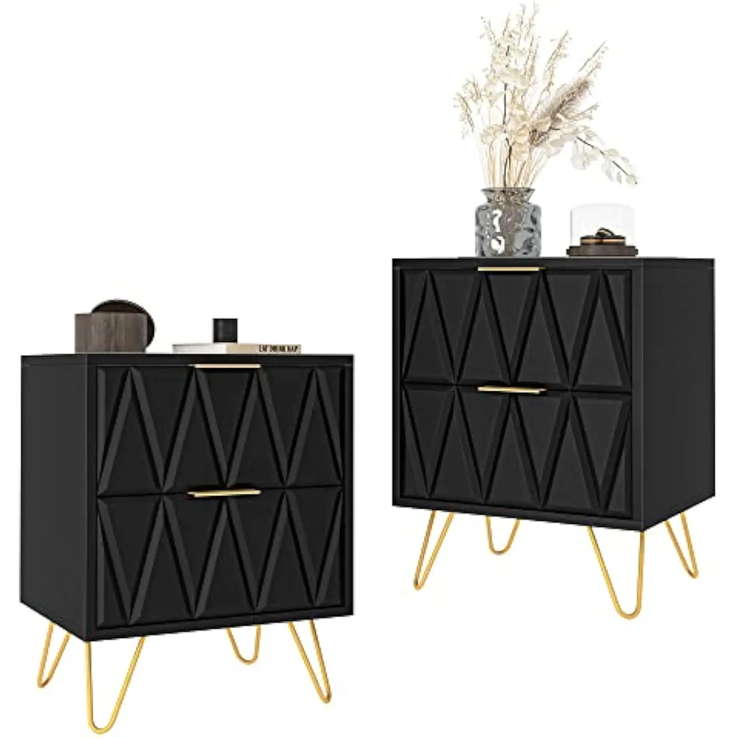Black Nightstand Set of 2, Modern Bedside Tables Set 2 with 2 Drawers, Night Stand with Gold Legs,End Side Table for Living Ro
Black Nightstand Set of 2, Modern Bedside Tables Set 2 with 2 Drawers, Night Stand with Gold Legs,End Side Table for Living Ro