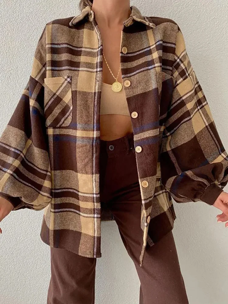 Women Long Lantern Sleeve Loose Button Coat Streetwear Casual Patchwork Pocket Jacket Autumn Female Lapel Plaid Print Outerwear
Women Long Lantern Sleeve Loose Button Coat Streetwear Casual Patchwork Pocket Jacket Autumn Female Lapel Plaid Print Outerwear