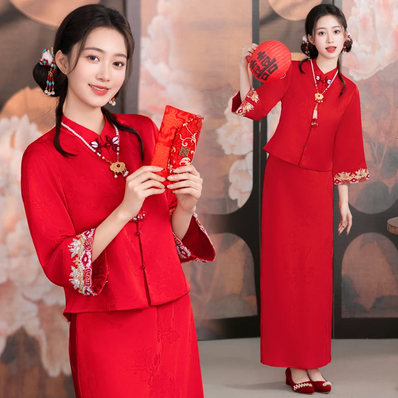 Red Chinese New Style Wedding Dress Set for Brides Drinking Ceremony Traditional Wedding Clothes Women's Suit
Red Chinese New Style Wedding Dress Set for Brides Drinking Ceremony Traditional Wedding Clothes Women's Suit
