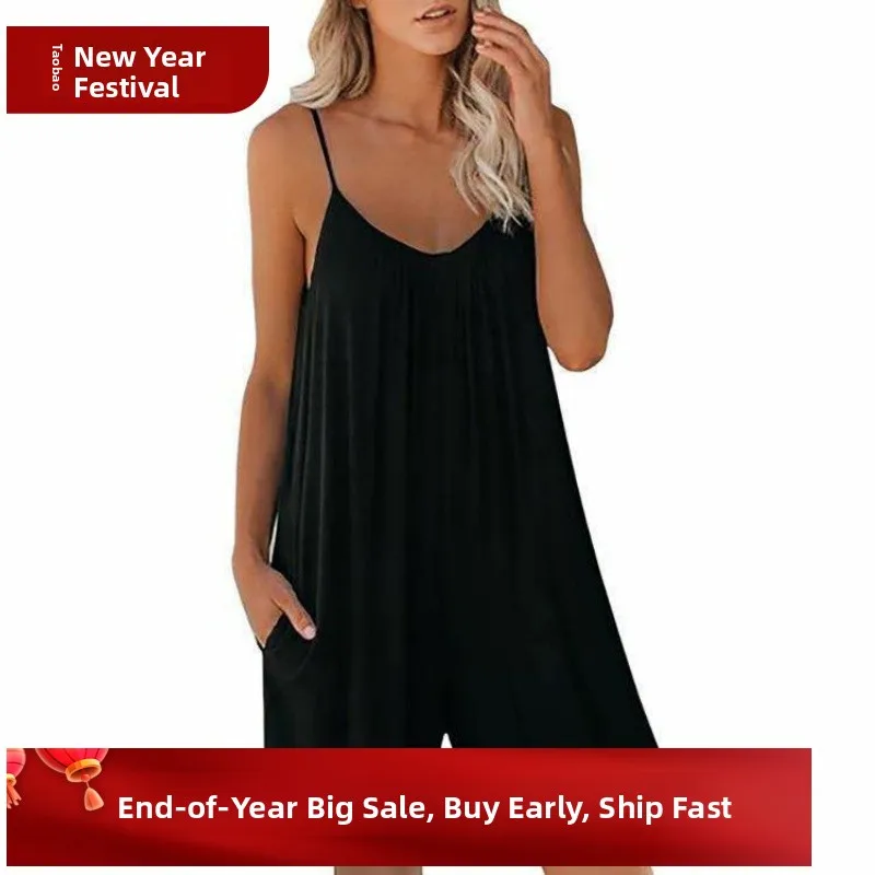 Women's Strap Jumpsuit Low Waist Five-Quarter Length Thin Polyester Fiber Summer Faion Ladies' One-Piece Suit
Women's Strap Jumpsuit Low Waist Five-Quarter Length Thin Polyester Fiber Summer Faion Ladies' One-Piece Suit