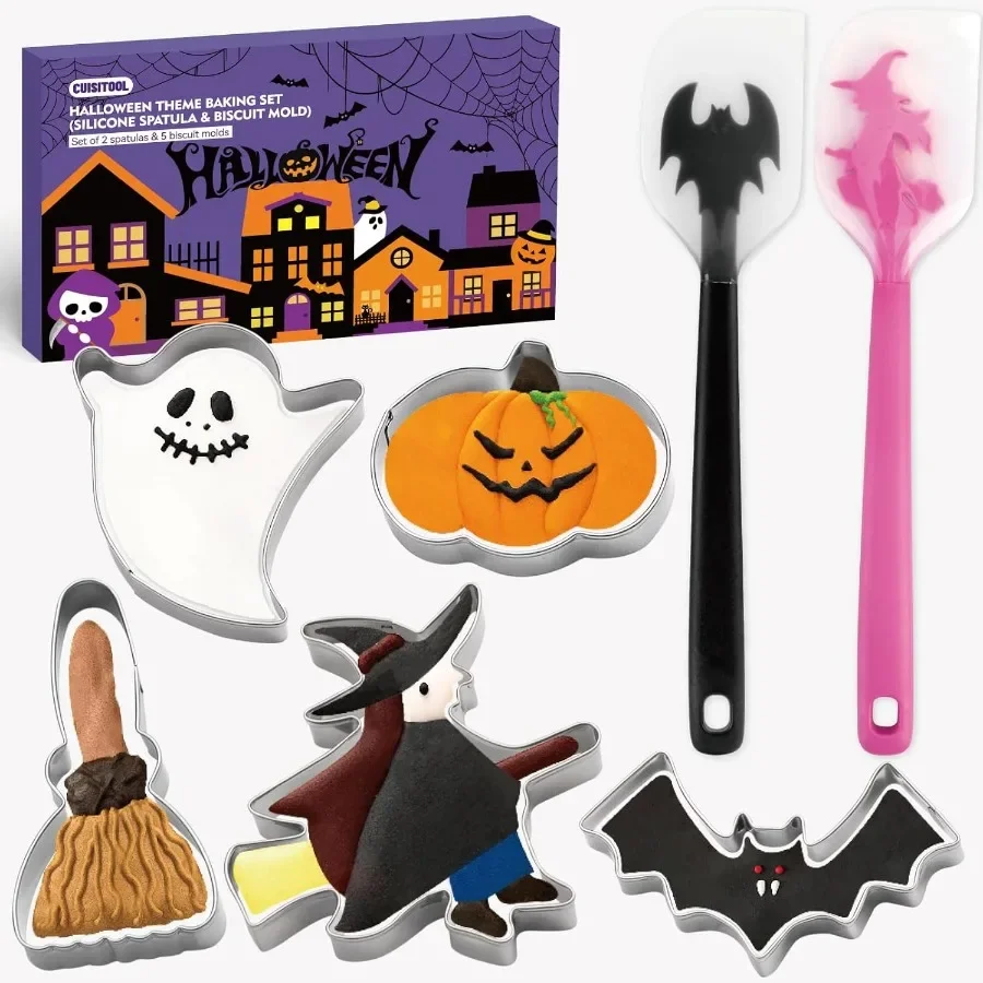 Halloween Cookie Cutters Set 7 Pieces Large Bat Ghost Pumpkin Witch Hat Shapes Stainless Steel Cookie Cutters with Halloween Sp
Halloween Cookie Cutters Set 7 Pieces Large Bat Ghost Pumpkin Witch Hat Shapes Stainless Steel Cookie Cutters with Halloween Sp