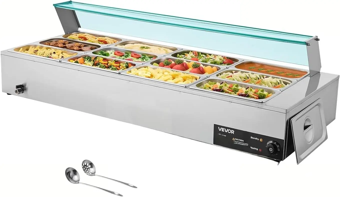 Commercial Food Warmer 1700W Electric Stainless Steel Steam Food Warmer with Glass Cover 12 Pan Countertop Buffet Bain Marie
Commercial Food Warmer 1700W Electric Stainless Steel Steam Food Warmer with Glass Cover 12 Pan Countertop Buffet Bain Marie