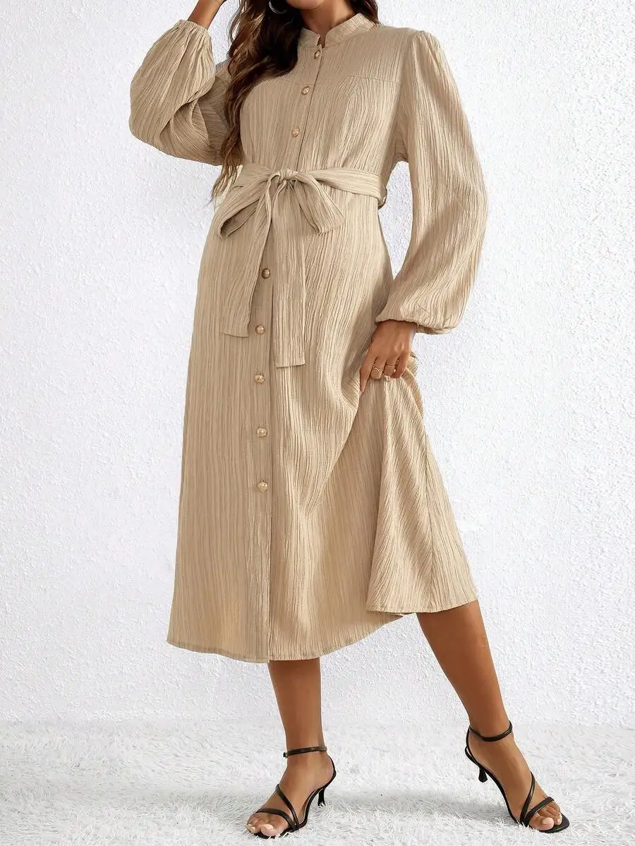 Maternity Lantern Sleeve Belted Midi Dress For Daily Wear
Maternity Lantern Sleeve Belted Midi Dress For Daily Wear