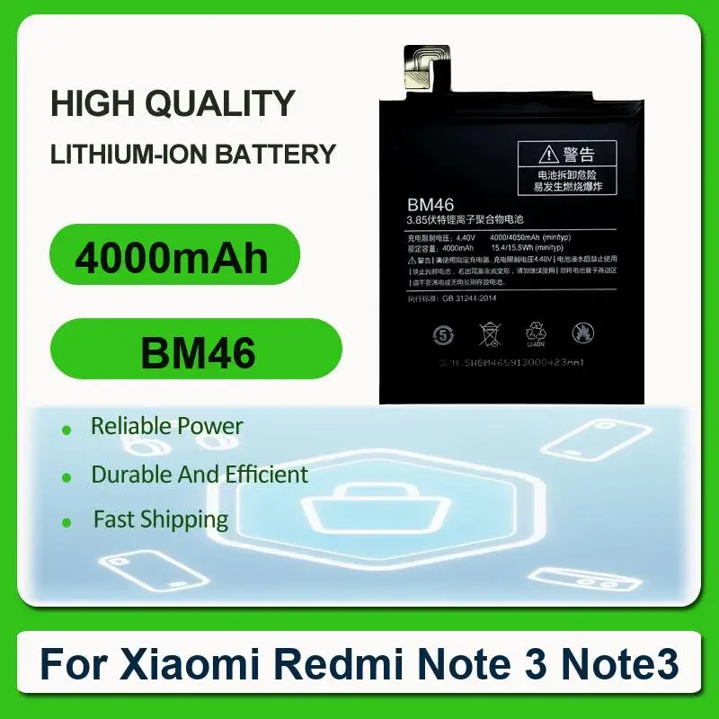 Replacement Mobile Phone Battery For Xiaomi Redmi Note 3 Note3 BM46 4000mAh
Replacement Mobile Phone Battery For Xiaomi Redmi Note 3 Note3 BM46 4000mAh