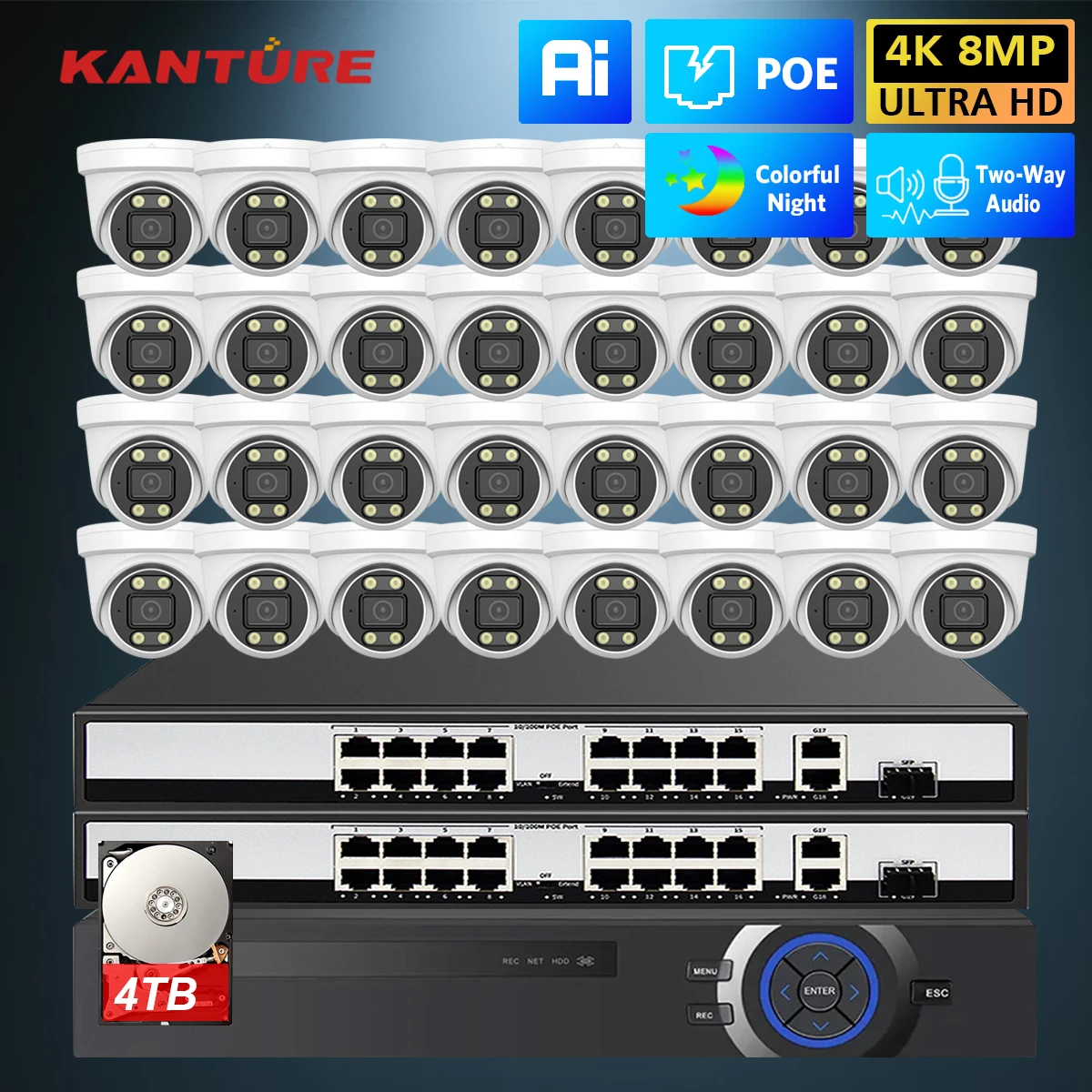 32CH 4K 8MP H.265 POE Camera System Indoor Dome CCTV Metal Security Surveillance Kit with Two-Way Audio And Color Night Vision
32CH 4K 8MP H.265 POE Camera System Indoor Dome CCTV Metal Security Surveillance Kit with Two-Way Audio And Color Night Vision