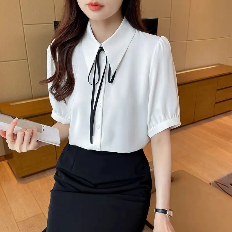 New Korean-style Summer Short-sleeved Blouse Loose Bow Chiffon Student Workwear Professional Tops
New Korean-style Summer Short-sleeved Blouse Loose Bow Chiffon Student Workwear Professional Tops