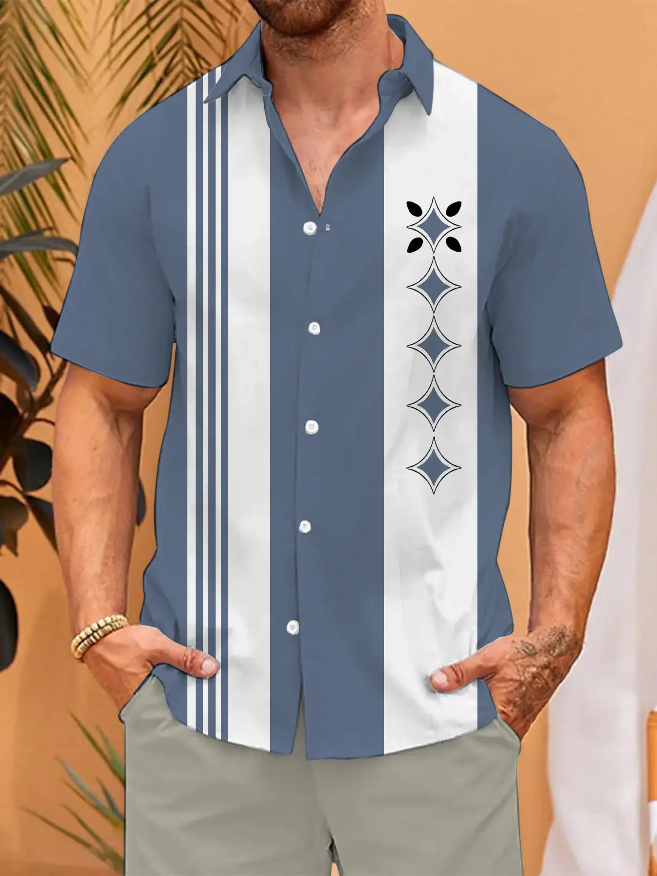 Men's Retro Geometric Print Bowling Shirt, Blue White Stripe Short Sleeve Button Down Casual Summer Beach Shirt
Men's Retro Geometric Print Bowling Shirt, Blue White Stripe Short Sleeve Button Down Casual Summer Beach Shirt