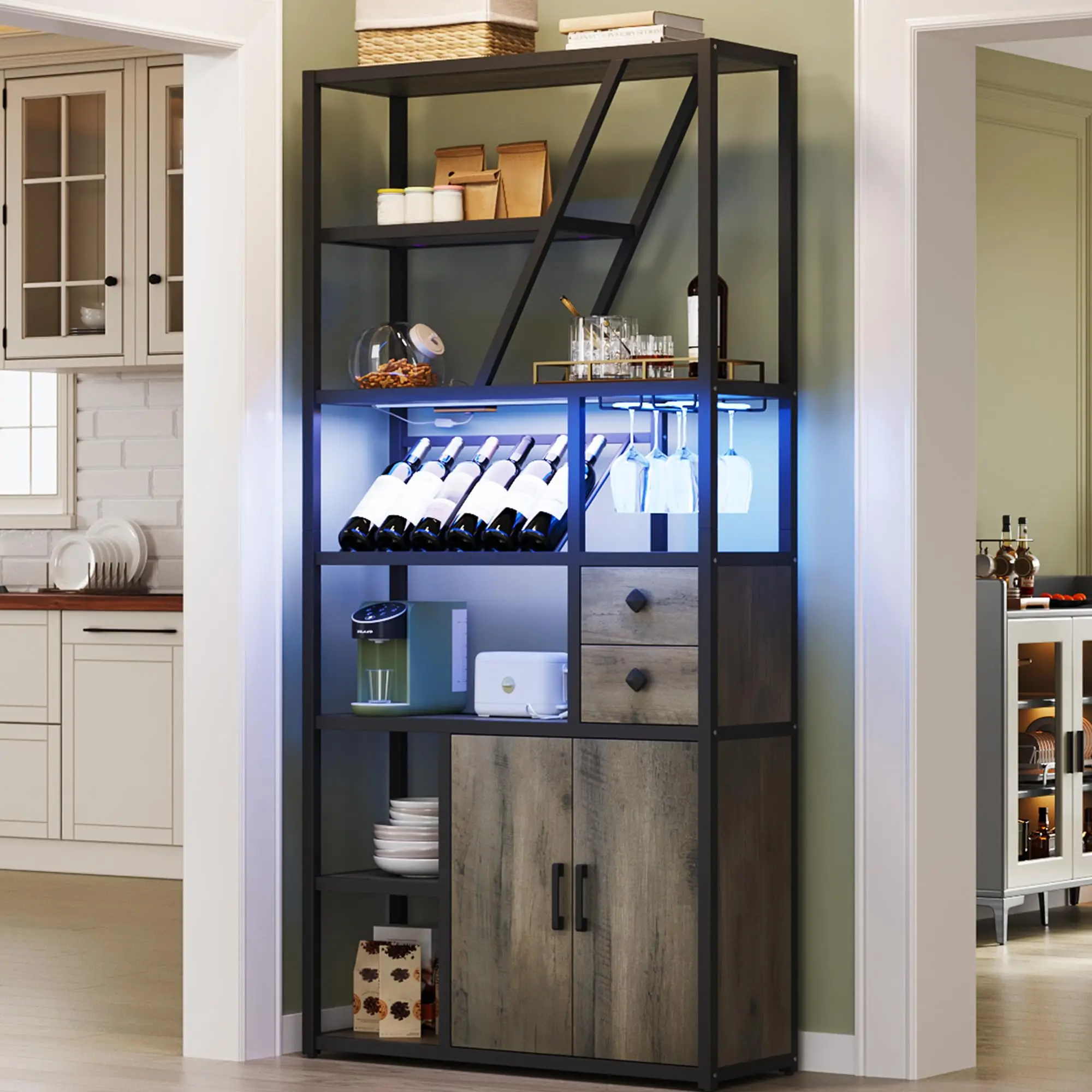 Modern Tall Bar Cabinet With LED Lighting, Wine Rack, Drawers And Storage Shelves For Kitchen Or Living Room
Modern Tall Bar Cabinet With LED Lighting, Wine Rack, Drawers And Storage Shelves For Kitchen Or Living Room
