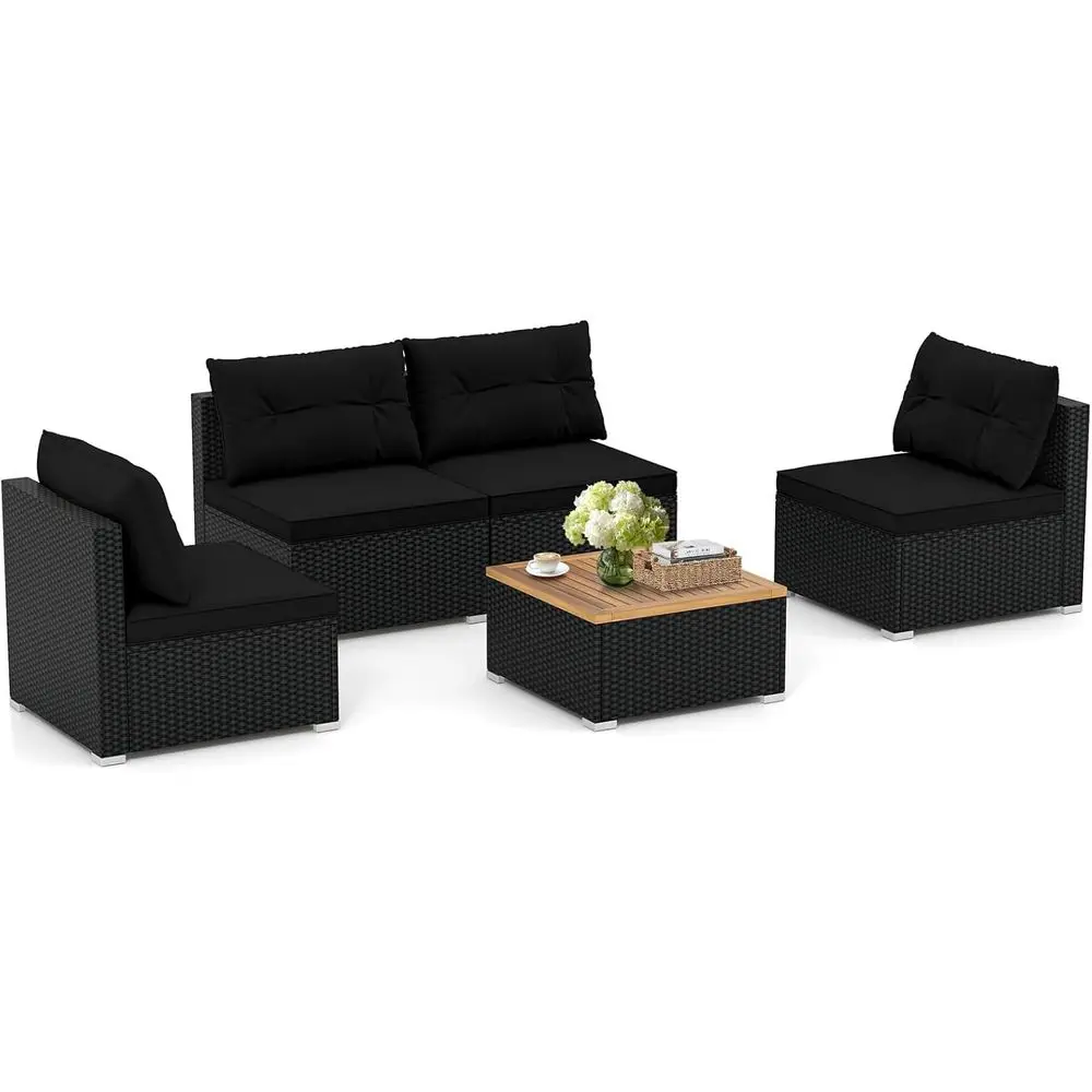 Черный комплект садовой мебели из 5 предметов: секционный диван из ротанга с кофейным столиком из акации и подушками
Черный комплект садовой мебели из 5 предметов: секционный диван из ротанга с кофейным столиком из акации и подушками