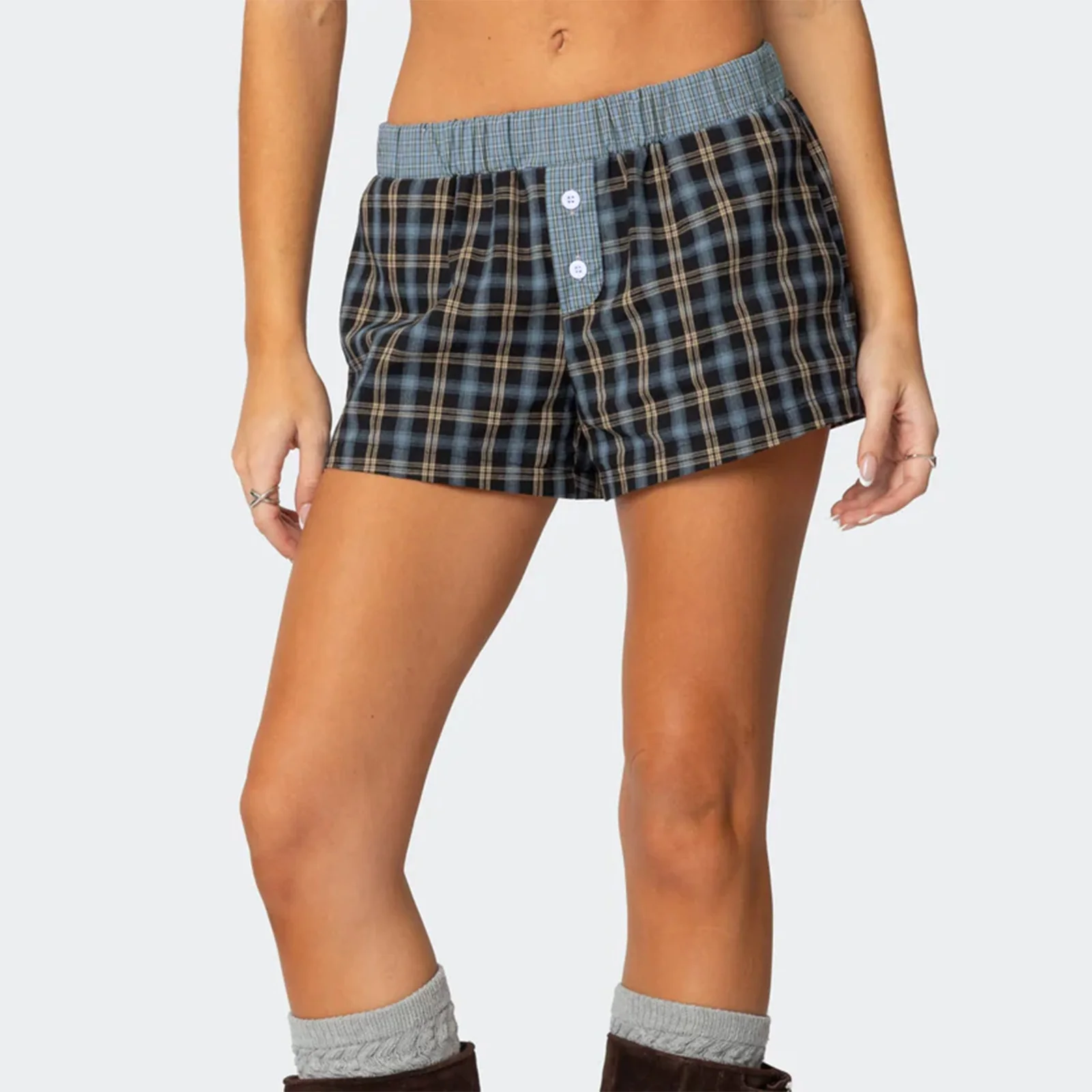 Combhasaki Women's Y2K Plaid Print Cintrast Color Boxer Shorts Elastic Low Waist Button Front Loose Wide Leg Loungewear Bottoms
Combhasaki Women's Y2K Plaid Print Cintrast Color Boxer Shorts Elastic Low Waist Button Front Loose Wide Leg Loungewear Bottoms