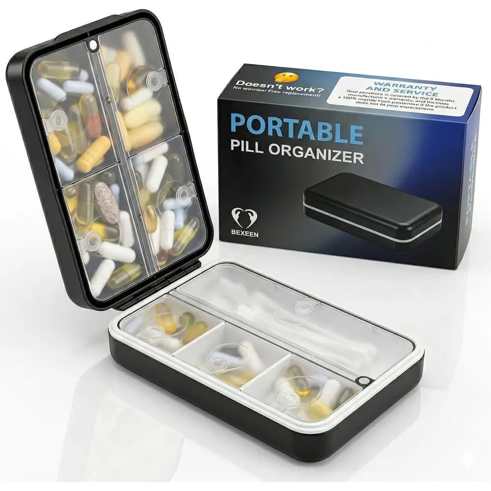 Magnetic Closure Pill Organizer - 8-Compartment Case for Pills, Vitamins, and Supplements, Portable Medicine Box for Daily Use
Magnetic Closure Pill Organizer - 8-Compartment Case for Pills, Vitamins, and Supplements, Portable Medicine Box for Daily Use