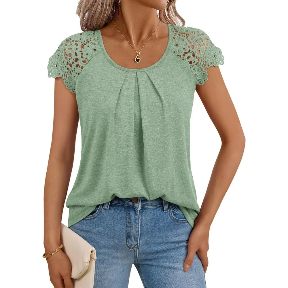 Womens Lace Tops Pleated Short Sleeve Shirts Summer Business Casual Dressy Blouses
Womens Lace Tops Pleated Short Sleeve Shirts Summer Business Casual Dressy Blouses