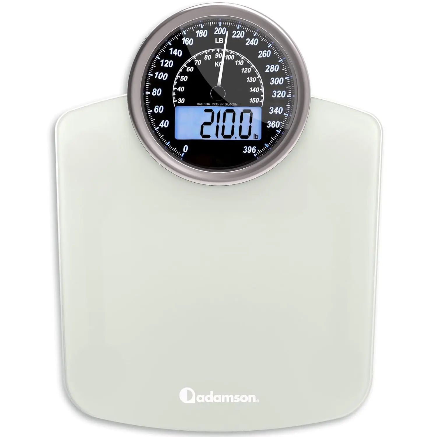 Hybrid Analog & Digital Bathroom Scale, 400lbs Capacity, Tempered Glass Platform, Large Backlit Display - White
Hybrid Analog & Digital Bathroom Scale, 400lbs Capacity, Tempered Glass Platform, Large Backlit Display - White