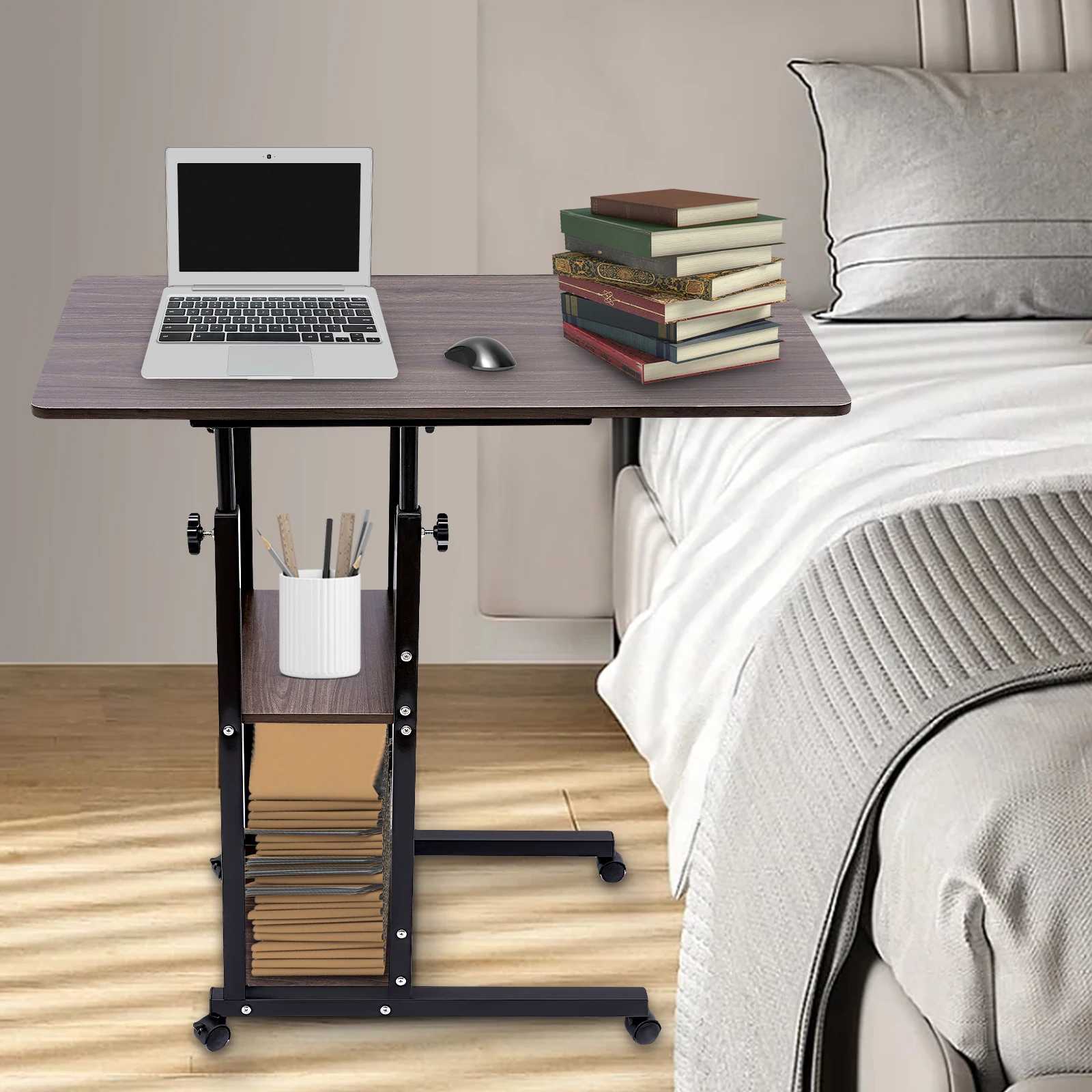 Wood Color Density Plate Iron 80x40cm Movable Computer Rack Lifting Pulley Three-layer Shelf Bedside Table Desk