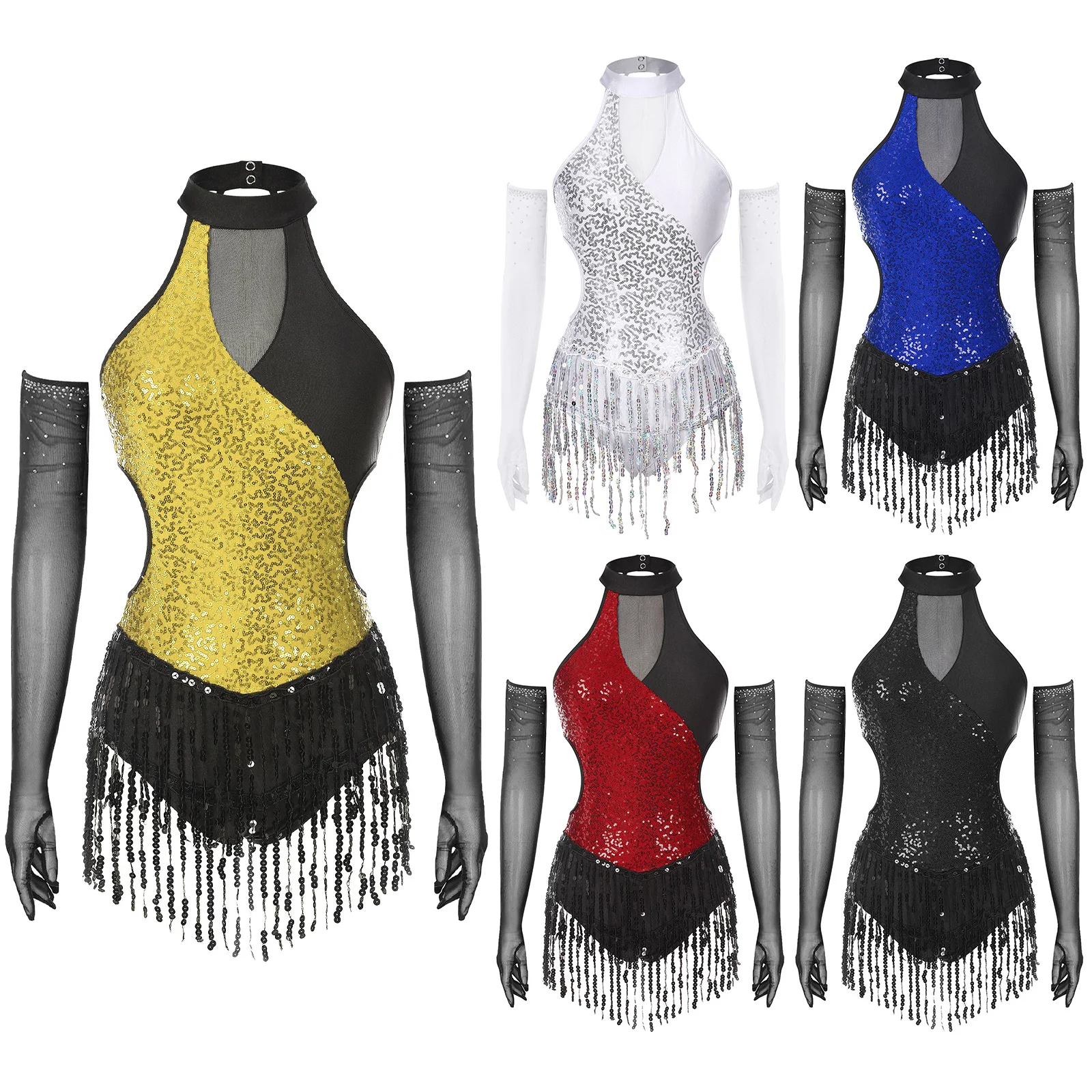 Latin Jazz Samba Dance Jumpsuit Outfit for Women Set Sleeveless Sequined Tassel Leotard Bodysuit and Mesh Gloves Dancing Costume
Latin Jazz Samba Dance Jumpsuit Outfit for Women Set Sleeveless Sequined Tassel Leotard Bodysuit and Mesh Gloves Dancing Costume