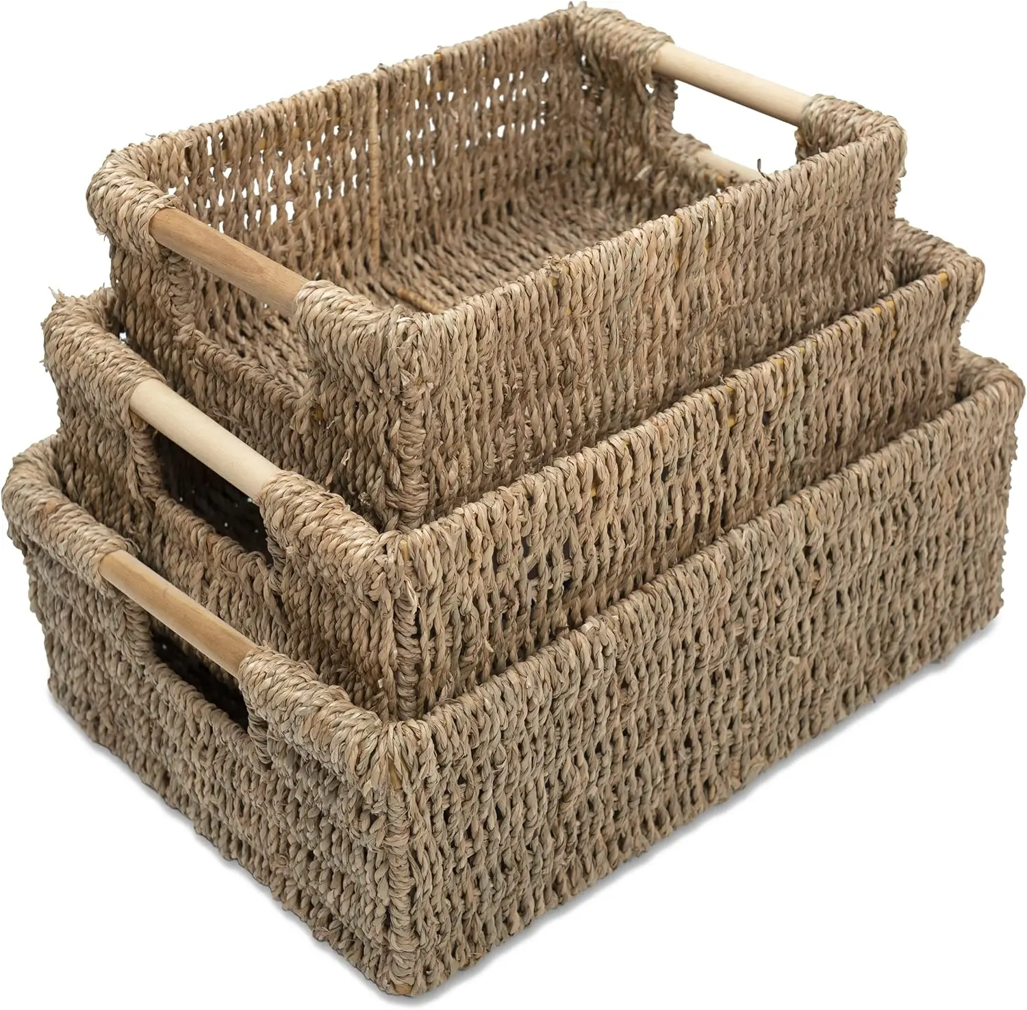 Set of 3 Natural Seagrass Baskets with Wooden Handles for Kitchen Storage
Set of 3 Natural Seagrass Baskets with Wooden Handles for Kitchen Storage