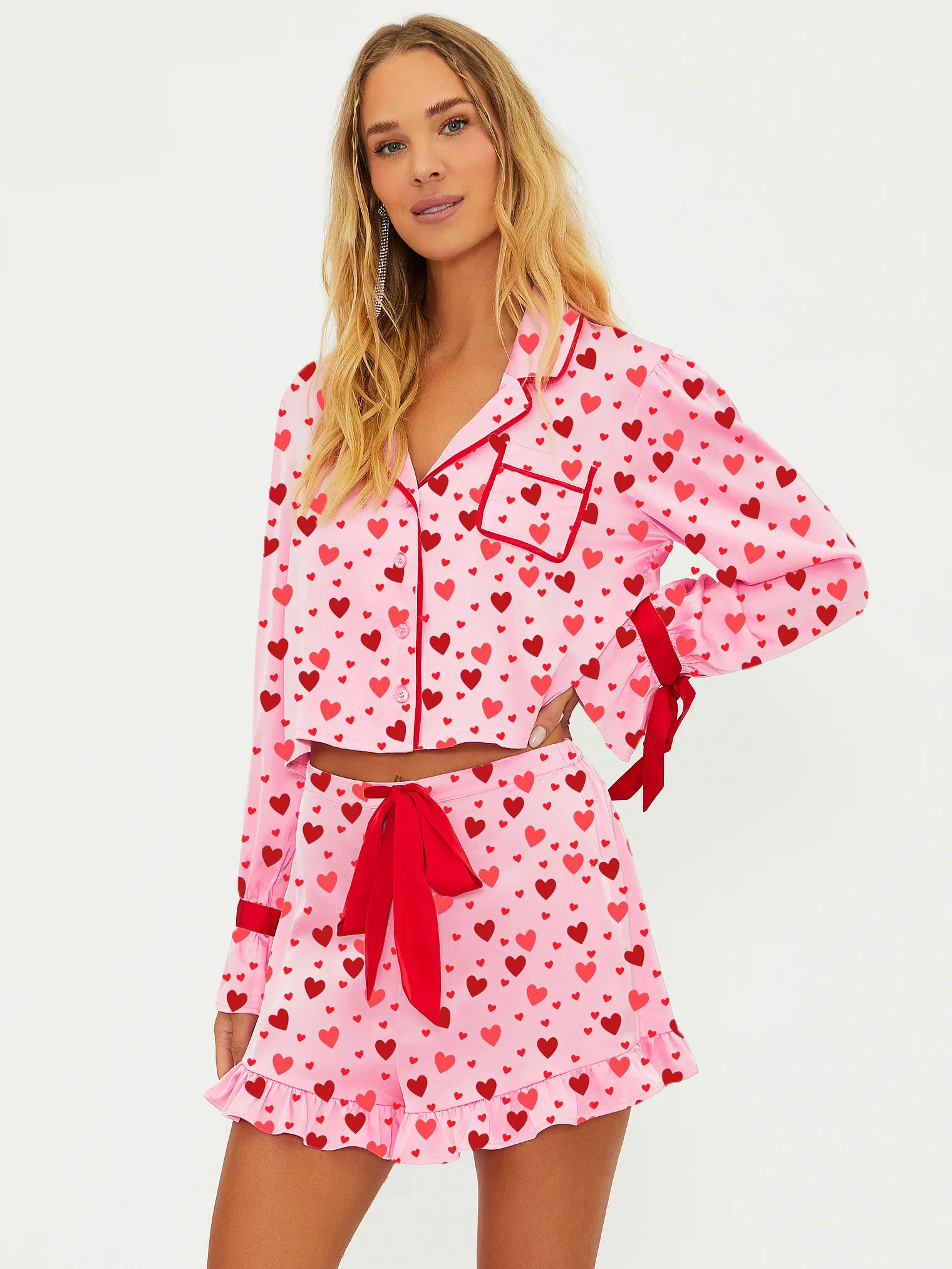 Women's Valentine's Day Lounge Set Long Sleeve Heart Print Shirt Shorts Sleepwear Sets
Women's Valentine's Day Lounge Set Long Sleeve Heart Print Shirt Shorts Sleepwear Sets