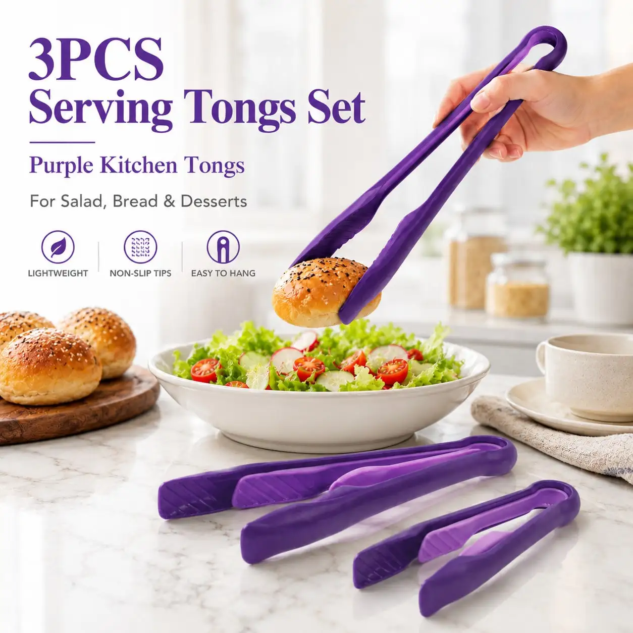 Plastic Kitchen Tongs Set, 3PCS Purple Serving Tongs In Large Medium Small Sizes For Salad, Bread, Pastries, Cake, Snacks, Dessert Table, Family Meals And Daily Kitchen Use
Plastic Kitchen Tongs Set, 3PCS Purple Serving Tongs In Large Medium Small Sizes For Salad, Bread, Pastries, Cake, Snacks, Dessert Table, Family Meals And Daily Kitchen Use